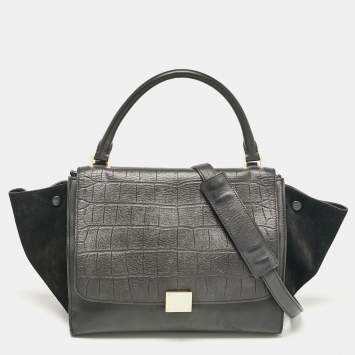 Pre Owned Celine Black Croc Embossed Leather and Suede Medium Trapeze Top Handle Bag