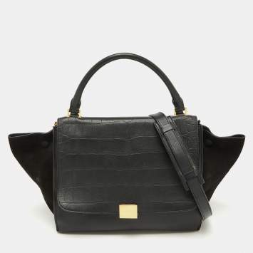 Pre Owned Celine Black Croc Embossed Leather and Suede Medium Trapeze Top Handle Bag