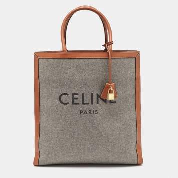 Pre Owned Celine Grey/Brown Wool and Leather Large Vertical Cabas Tote