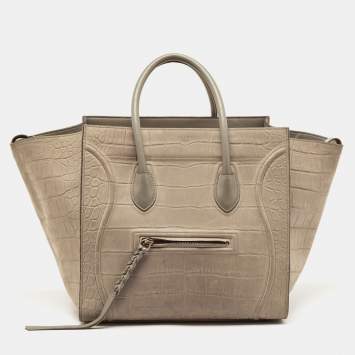 Pre Owned Celine Beige Croc Embossed Nubuck Leather Medium Phantom Luggage Tote