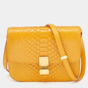 Pre Owned Celine Mustard Python Medium Classic Box Shoulder Bag