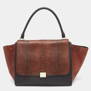 Pre Owned Celine Brown/Black Python and Leather Large Trapeze Top Handle Bag