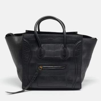 Pre Owned Celine Black Croc Embossed Leather Medium Phantom Luggage Tote