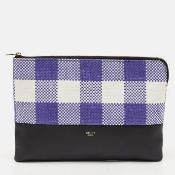 Pre Owned Celine Purple/Black Woven Raffia and Leather Gingham Clutch