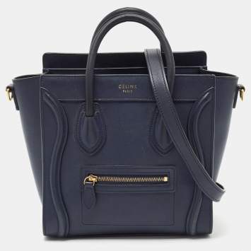 Pre Owned Celine Navy Blue Leather Nano Luggage Tote