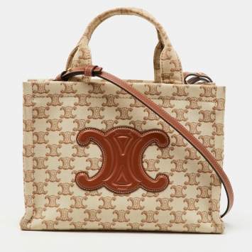 Pre Owned Celine Beige Triomphe Canvas and Leather Small Cabas Thais Tote