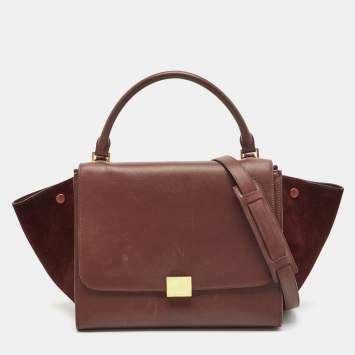 Pre Owned Celine Burgundy Leather and Suede Medium Trapeze Top Handle Bag