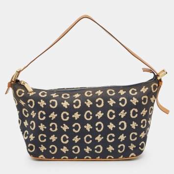 Pre Owned Celine Navy Blue/Brown Macadam Canvas and Leather Boat Shoulder Bag
