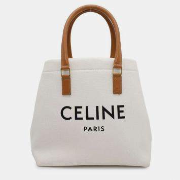 Pre Owned Celine White and Brown Canvas and Leather Horizontal Cabas Tote Bag