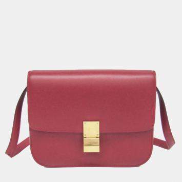 Pre Owned Celine Red Color Leather  Classic Box Medium Shoulder Bag 