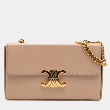 Celine Beige Shiny Calfskin Triomphe Chain Box Shoulder Bag