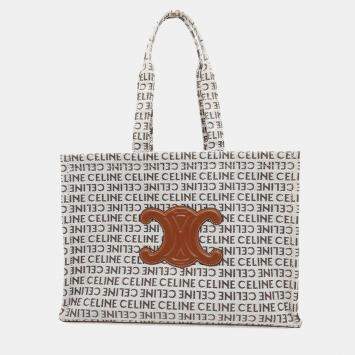 Pre Owned Celine White Tan Canvas Leather Triomphe Cabas Large Tote Bag