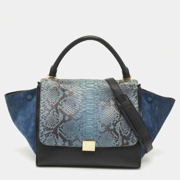 Celine Blue/Black Python, Leather and Suede Medium Trapeze Top Handle Bag