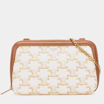 Celine White Triomphe Coated Canvas Clutch On Chain