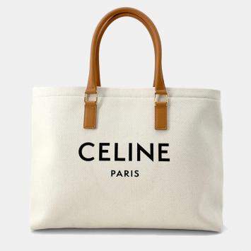 Pre Owned Celine Horizontal Cabas White/Brown Canvas Leather Tote Bag