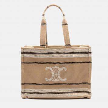 Pre Owned Celine Cabas Beige Ivory Black Canvas Tote Bag