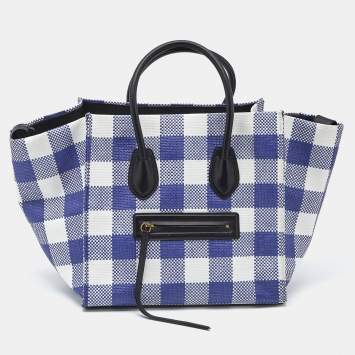 Celine Blue/White Gingham Woven Straw Medium Phantom Luggage Tote