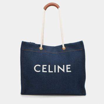 Celine Square Cabas Navy Tan Denim Tote Bag