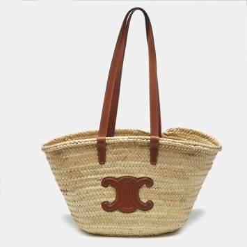 Pre Owned Celine Beige/Brown Woven Raffia and Leather Large Triomphe Panier Bag