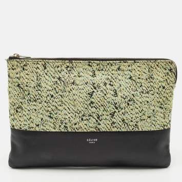 Pre Owned Celine Green/Black Textured Fabric and Leather Solo Pouch
