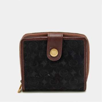 Celine Black/Burgundy Macadam Suede and Leather Zip Around Compact Wallet