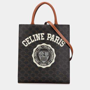 Pre Owned Celine Brown Small Paris Print Triomphe Coated Canvas Vertical Cabas
