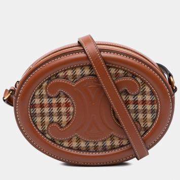 Pre Owned Celine Brown Small Canvas and Calfskin Cuir Triomphe Houndstooth Oval Crossbody
