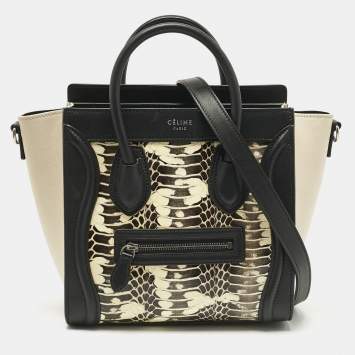 Pre Owned Celine Black/Beige Watersnake and Leather Nano Luggage Tote
