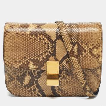 Pre Owned Celine Beige Python Medium Classic Box Shoulder Bag