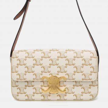 Pre Owned Celine Claude Triomphe One Shoulder Bag White PVC Calf Leather