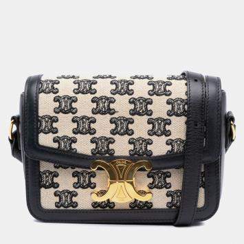 Pre Owned Celine Beige Teen Embroidered Canvas and Calfskin Triomphe Crossbody