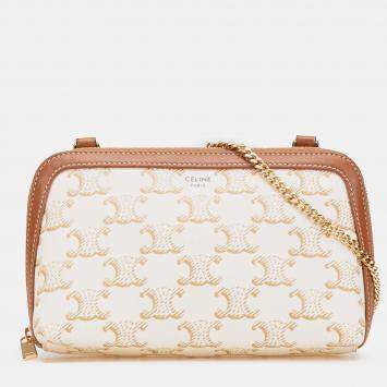 Pre Owned Celine Brown White Triomphe Coated Canvas Clutch On Chain