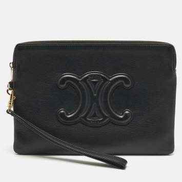 Pre Owned Celine Black Leather Triomphe Wristlet Clutch