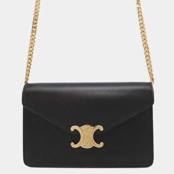 Pre Owned Celine Chain Wallet Triomphe Margo Black Shiny Calf Leather