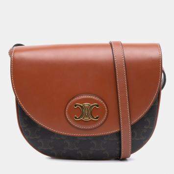 Pre Owned Celine Brown Triomphe Coated Canvas and Calfskin Besace Crossbody