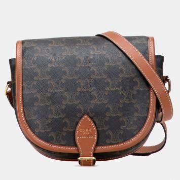 Pre Owned Celine Brown Medium Triomphe Coated Canvas Folco Crossbody