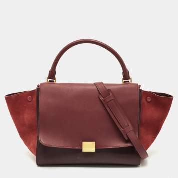 Pre Owned Celine Burgundy/Red Leather and Suede Medium Trapeze Top Handle Bag