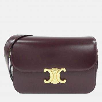Pre Owned Celine Classic Triomphe Burgundy Calf Leather Handbag
