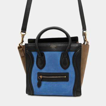 Pre Owned Celine Luggage Shopper Nano Blue Beige Black Suede Leather Handbag