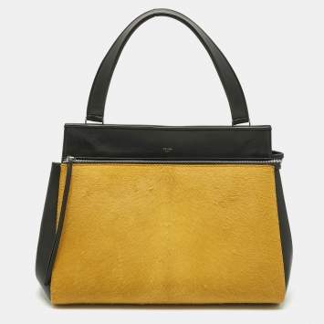 Pre Owned Celine Yellow/Black Calf Hair and Leather Large Edge Top Handle Bag
