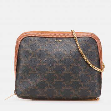 Pre Owned Celine Brown Triomphe Coated Canvas Clutch On Chain