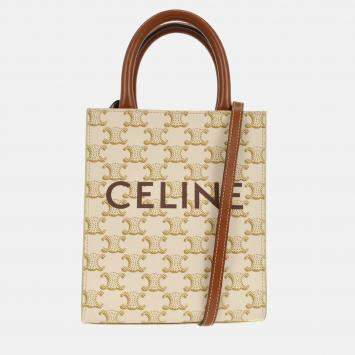 Pre Owned Celine White/Brown Mini Vertical Cabas 2way Tote Bag