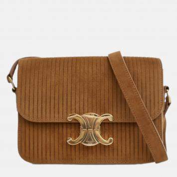 Pre Owned Celine Brown Teen Striped Suede Triomphe Crossbody