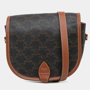Pre Owned Celine Brown Medium Triomphe Coated Canvas Folco Crossbody
