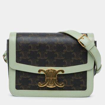 Pre Owned Celine Brown Teen Triomphe Coated Canvas and Calfskin Triomphe Crossbody