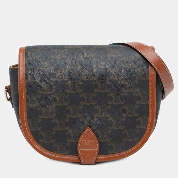 Pre Owned Celine Brown Medium Triomphe Coated Canvas Folco Crossbody