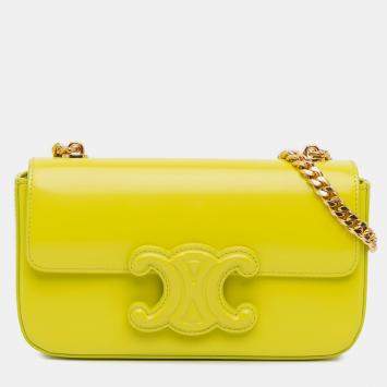 Pre Owned Celine Yellow Calfskin Cuir Triomphe Chain Shoulder Bag