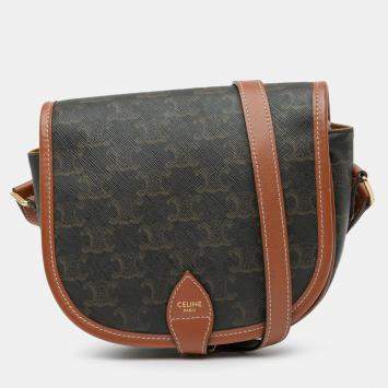 Pre Owned Celine Brown Medium Triomphe Coated Canvas Folco Crossbody