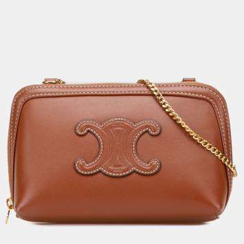 Pre Owned Celine Brown Smooth Calfskin Cuir Triomphe Clutch on Chain