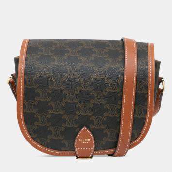 Pre Owned Celine Brown Medium Triomphe Coated Canvas Folco Crossbody